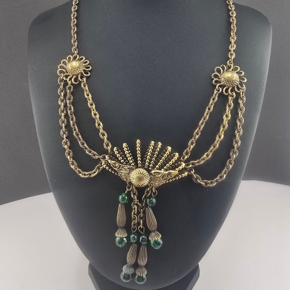 Vintage Estate Festoon Necklace Gold Tone Green Glass Bead Multi Strand Ornate